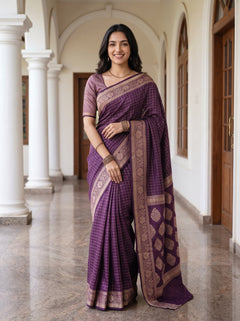 Cotton Silk Purple Golden Paisley Floral Butta Pallu Saree