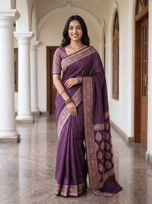 Cotton Silk Purple Golden Paisley Floral Butta Pallu Saree