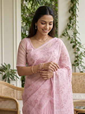 Organza Pink Self-Tone Floral Vine Embroidery Lotus Border Saree