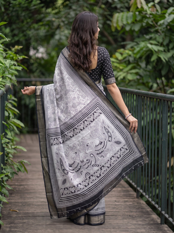 Polycotton White Black Kalamkari Peacock Pair Print Pallu Saree with Floral Paisley Body