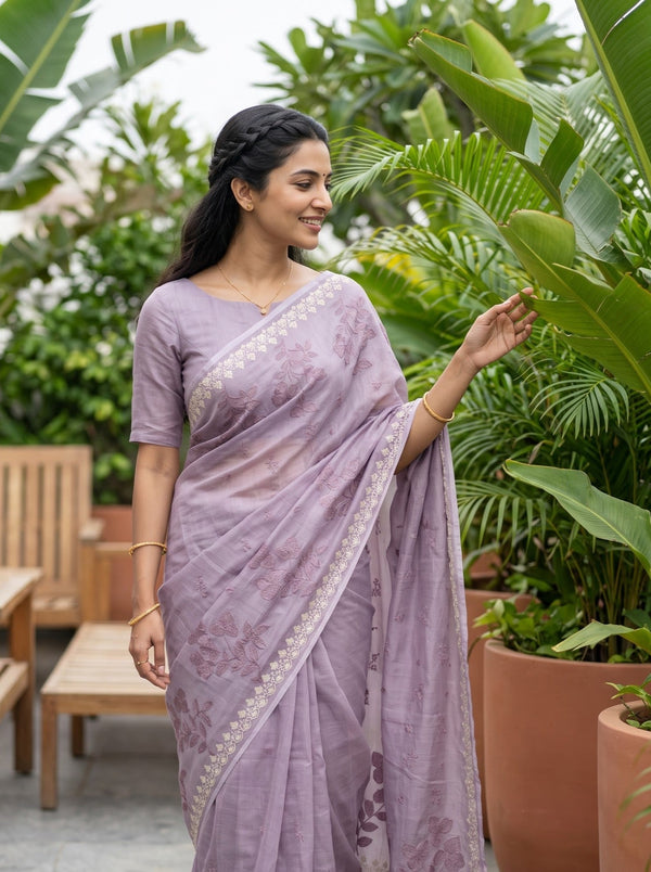 Pure Chanderi Lilac Saree with Embroidered Floral Lace Border