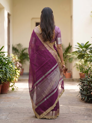 Tissue Banarasi Magenta Solid Saree with Gold Woven Border and Lace Edge