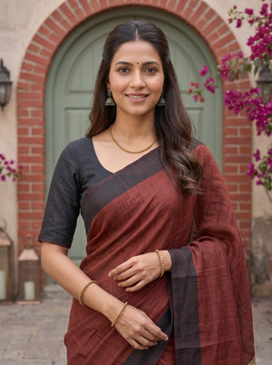 Linen Maroon Golden Zari Border Tasseled Saree
