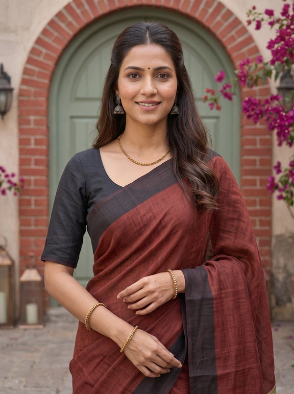 Linen Maroon Golden Zari Border Tasseled Saree