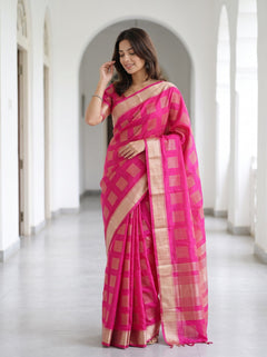 Semi Silk Magenta Pink Check Weave Saree with Golden Striped Pallu