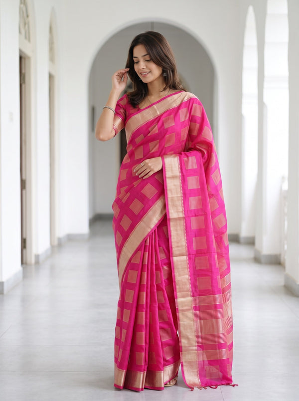 Semi Silk Magenta Pink Check Weave Saree with Golden Striped Pallu