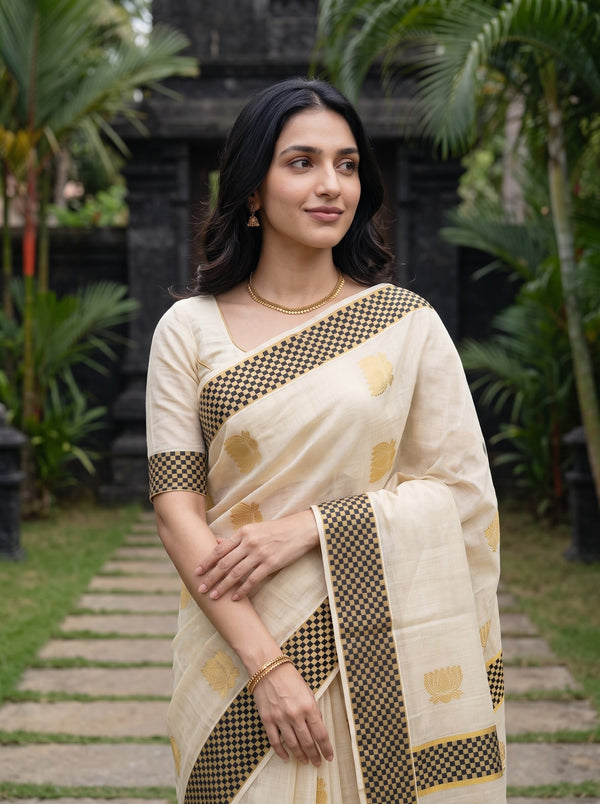 Tissue Cream Golden Zari Lotus Motif Black Golden Checkered Border Kerala Saree