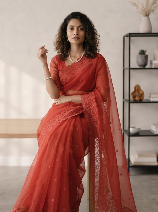 Organza Red Saree with Floral Lace Border