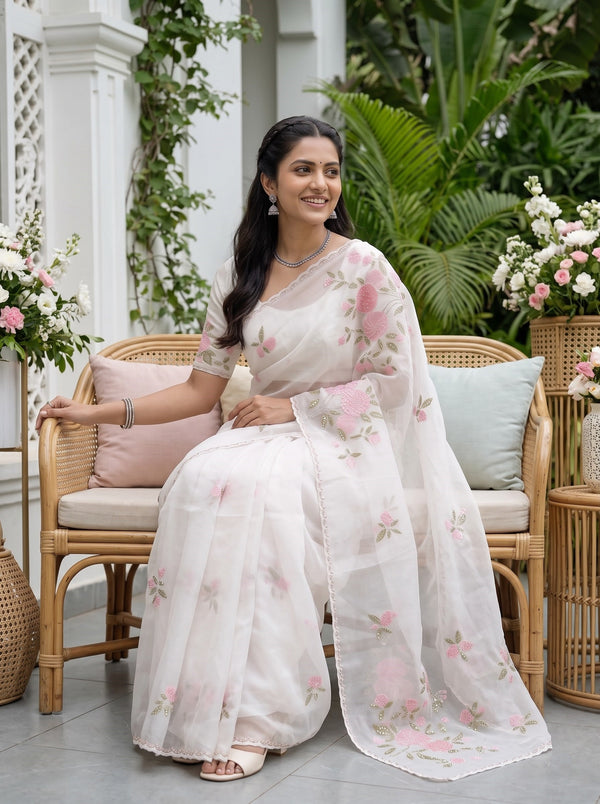 Organza White Saree with Sequin Flower Vine Embroidery