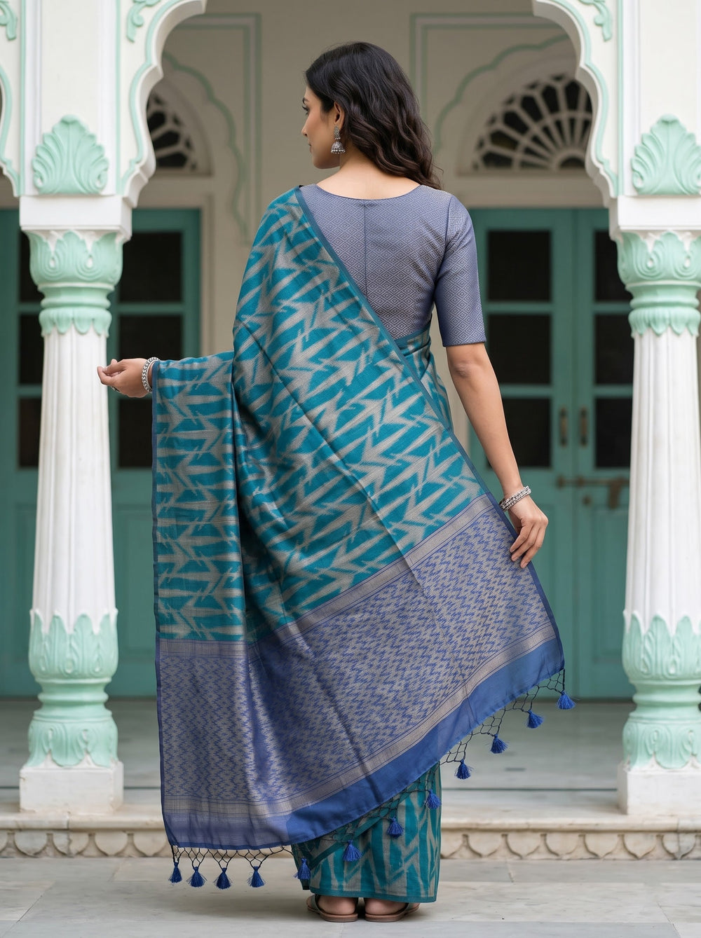 Matka Silk Teal Navy Gold Chevron Zigzag Diamond Pallu