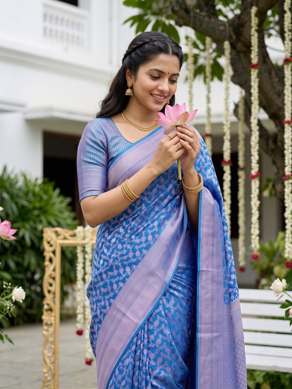 Kanjivaram Brocade Saree in Peacock Blue with Silver Floral Jaal Pallu