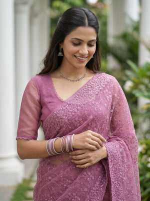 Organza Magenta Pink Floral Vine Sequin Embroidery Scalloped Lace Border Saree