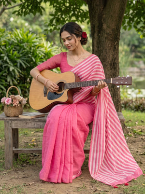 Mul Chanderi Pink and White Striped Saree