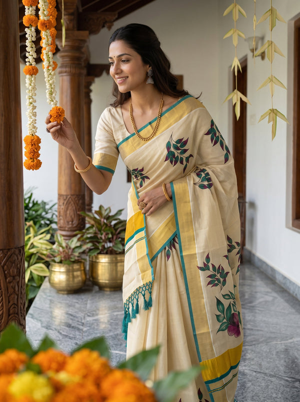 Tissue Cream Leaf Print Onam Special Kerala  Saree with Gold Teal Border