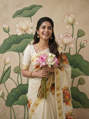Tissue Cream Rose Bouquet Print Onam Special Kerala Saree with Golden Border