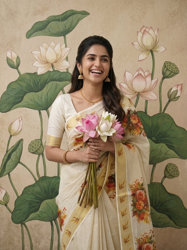 Tissue Cream Rose Bouquet Print Onam Special Kerala Saree with Golden Border