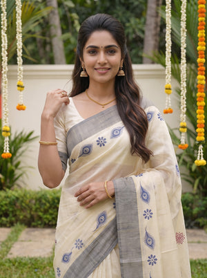 Tissue Cream Peacock Feather Floral Print Grey Border Traditional Onam Festive Kerala Saree