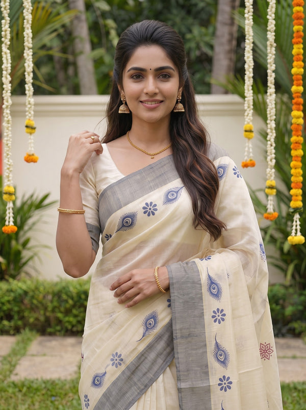 Tissue Cream Peacock Feather Floral Print Grey Border Traditional Onam Festive Kerala Saree