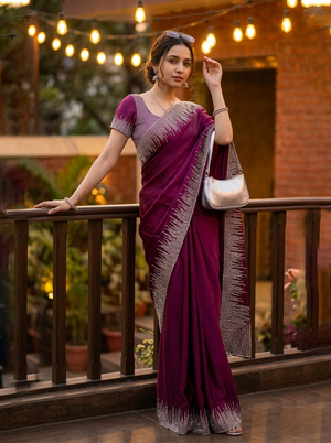 Organza Magenta Purple Sequin Embellished Ombre Border Saree