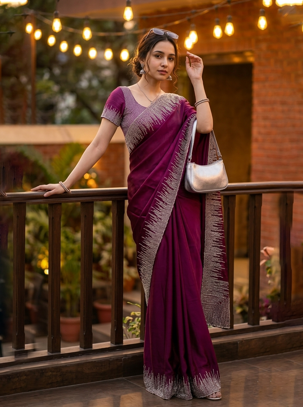 Organza Magenta Purple Sequin Embellished Ombre Border Saree
