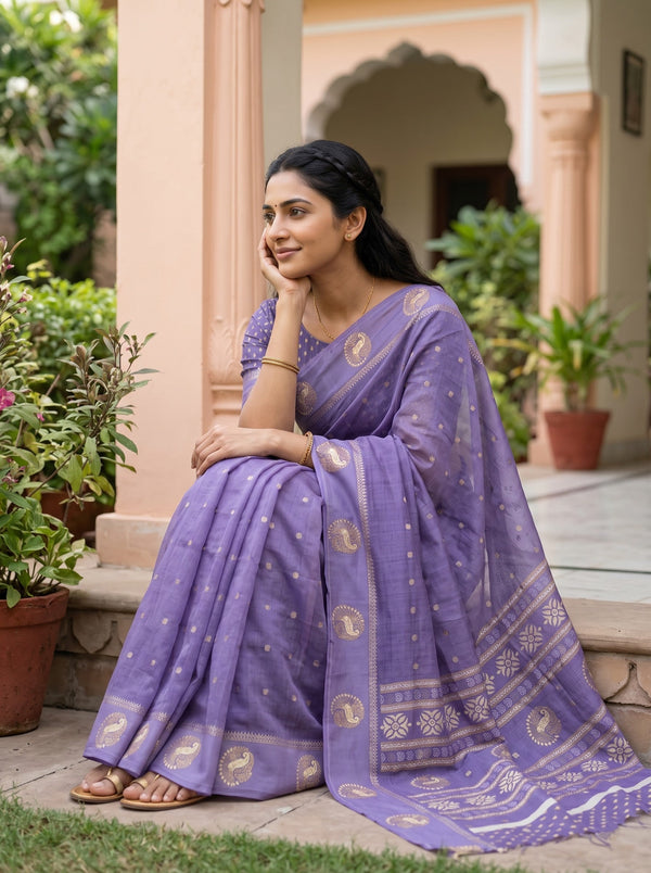 Chanderi Purple Peacock Medallion Floral Paisley Pallu Saree