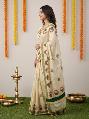 Tissue Golden Pinstripe with Floral Medallion Print and Olive Border Kerala Saree