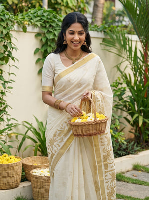 Tissue Cream Golden Lotus Butti Print Onam Special Kerala Saree with Coconut Palm Pallu