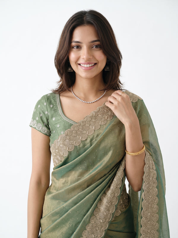 Shimmer Organza Sage Green Stone Studded Saree with Zari Scalloped Border