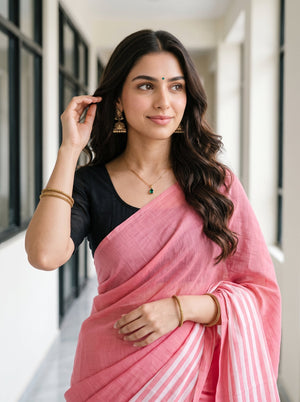 Cotton Pink Saree with Striped Body & Tassels