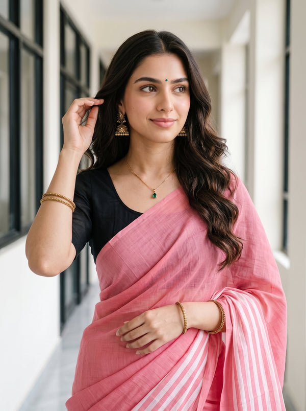 Cotton Pink Saree with Striped Body & Tassels