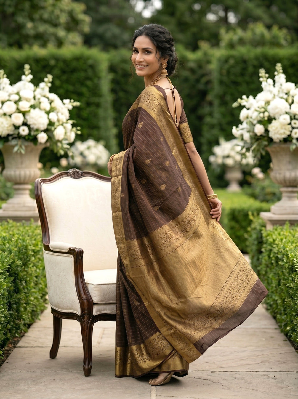 Kanjivaram Silk Brown Saree with Striped Weaving and Rich Border