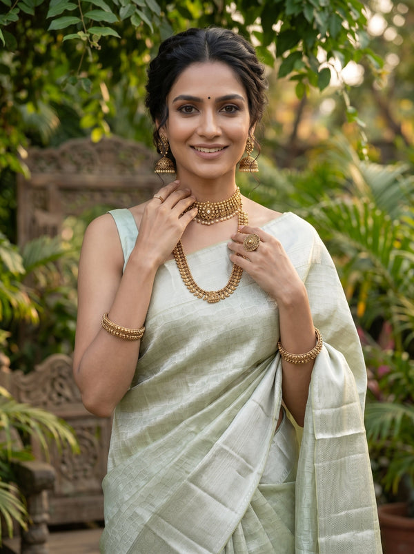 Kanjivaram Tissue Silk Sage Green All-Over Self-Tone Jaal Saree with Wide Zari Border