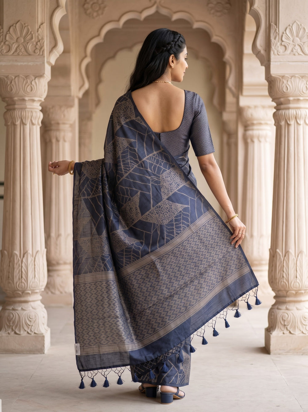 Semi Silk Navy Blue Self-Tone Geometric Print Saree with Tassels