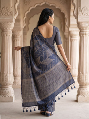 Semi Silk Navy Blue Self-Tone Geometric Print Saree with Tassels