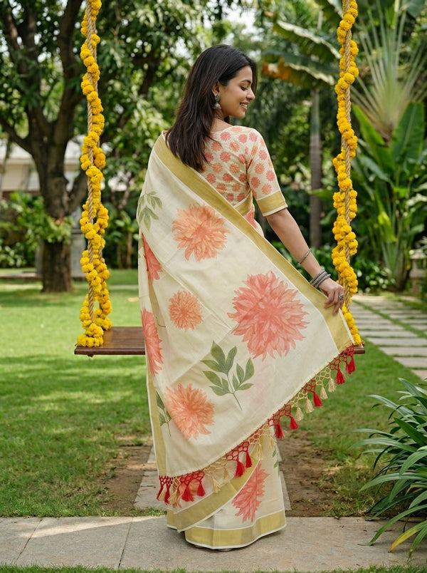 Tissue Cream Large Floral Print Tassel Kerala Saree