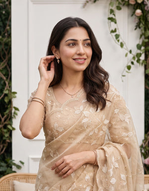 Organza Champagne Saree with Floral Vine and Scalloped Edge