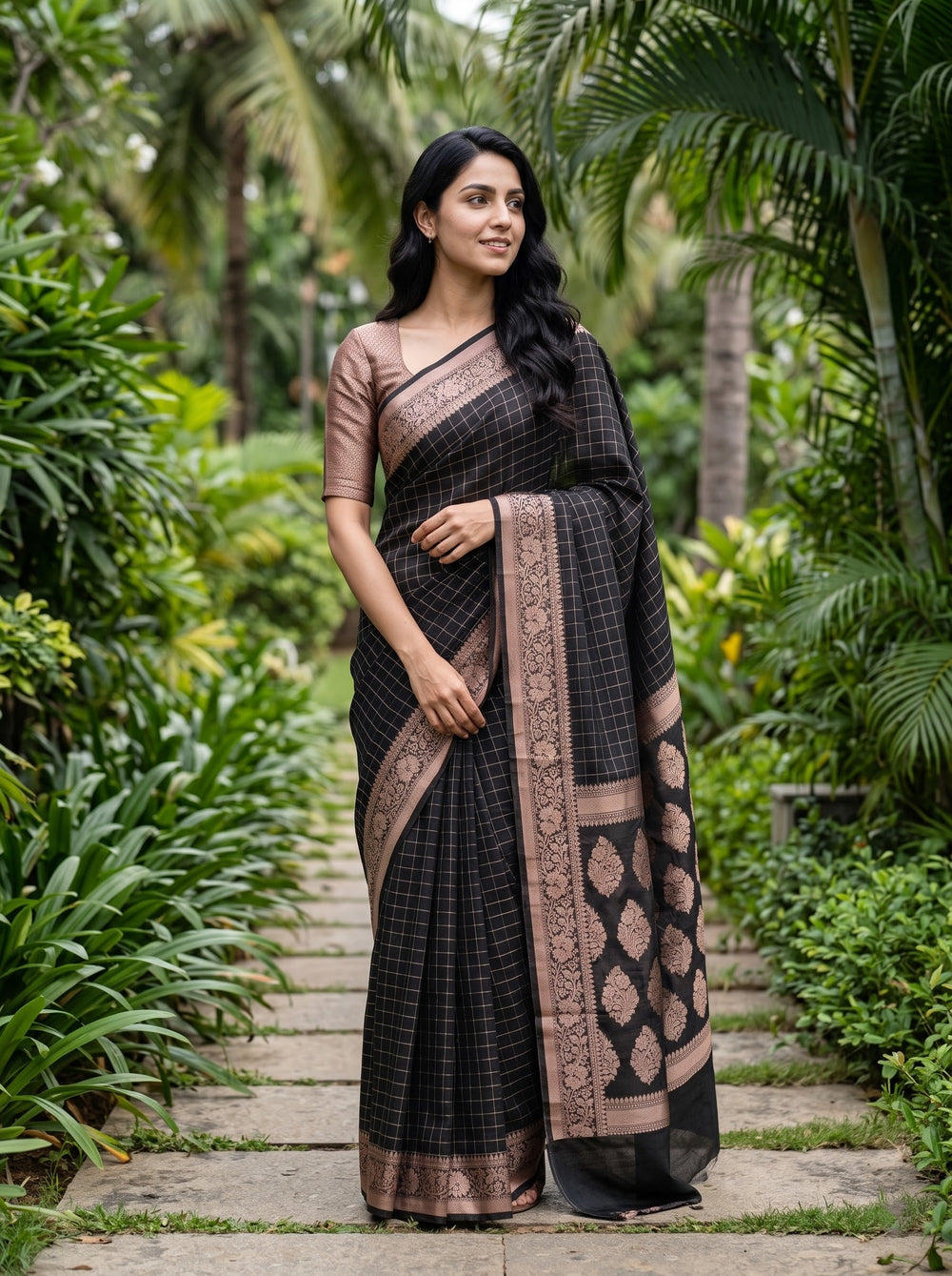 Cotton Silk Black Golden Paisley Floral Butta Pallu Saree