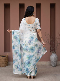 Chanderi Cotton Cream Saree with Blue Watercolor Floral Print
