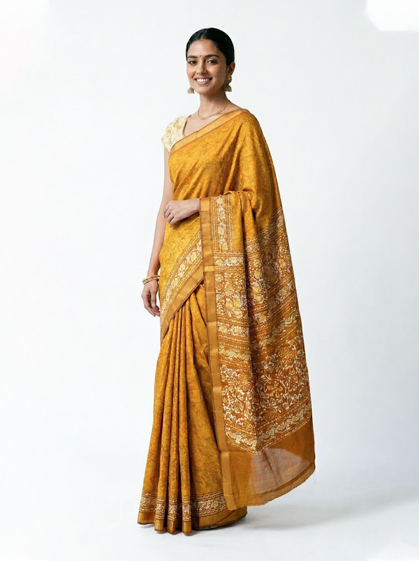 Soft Cotton Mustard Yellow Batik Print Saree with Floral Border