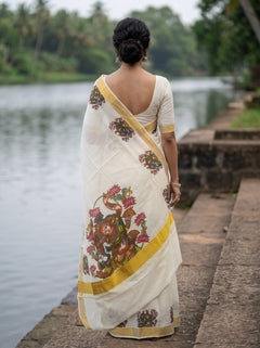 Cotton Off-White Mural Print With Golden Border Onam Special Kerala Saree