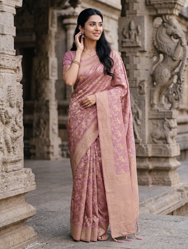 Banarasi Dusty Rose Golden Zari Floral Vine Allover Diamond Jaal Border Saree