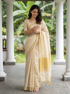 Tissue Cream Checkered Golden Zari Border Kerala Saree with Tassels
