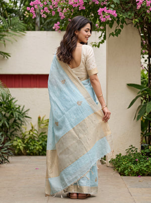 Linen Sky Blue Golden Zari Pallu Saree with Bead Work Leaf Butta, Knotted Tassels