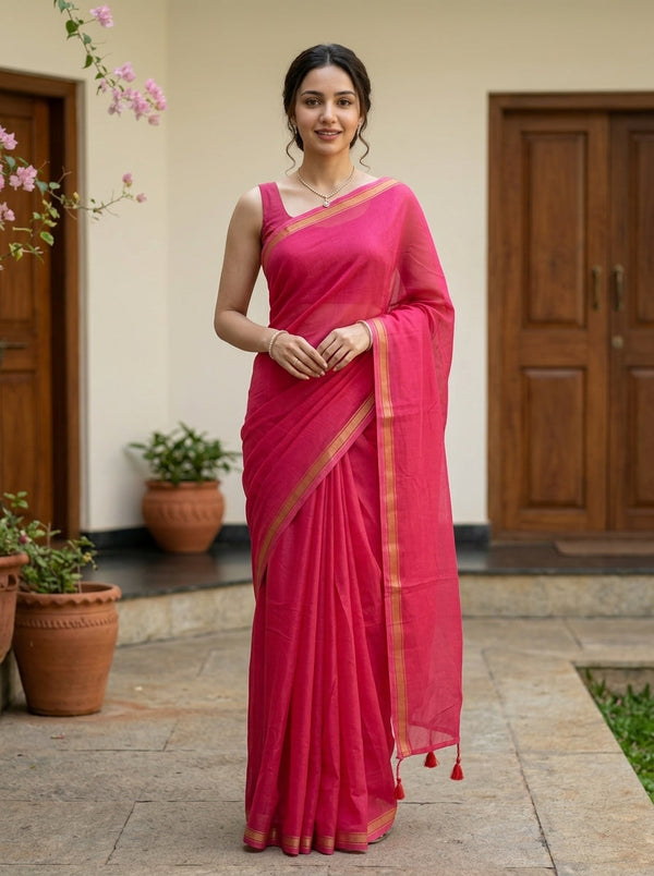 Woman in a pink saree standing outdoors with potted plants and wooden doors in the background