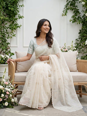 Organza Pastel Mint Green Pearl Bead Sequin Leaf Butta Scalloped Border Saree