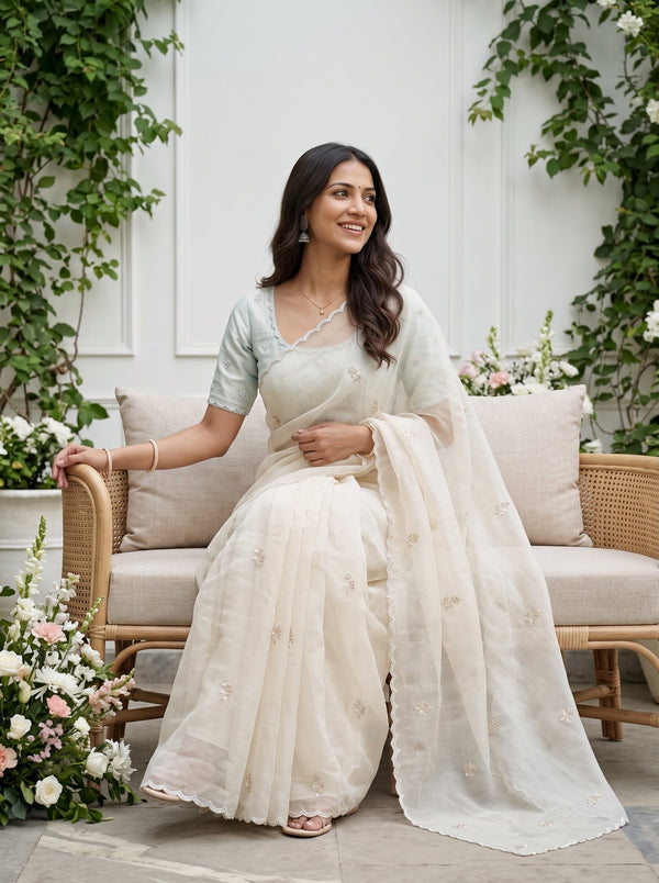Organza Pastel Mint Green Pearl Bead Sequin Leaf Butta Scalloped Border Saree