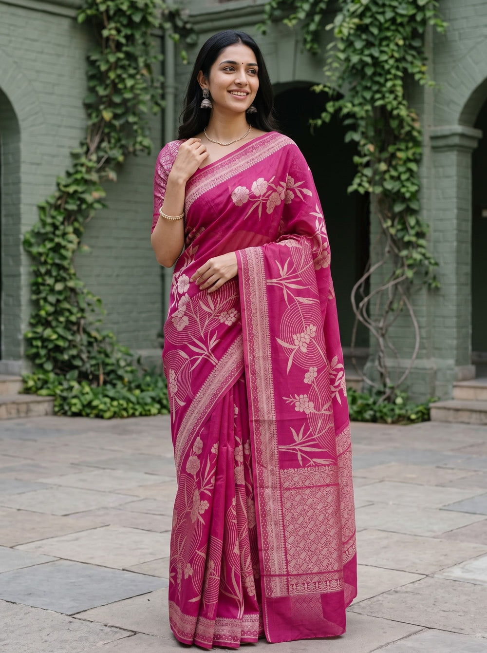 Organza Magenta Pink Zari Flower Branch Butta Broad Woven Border