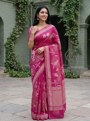 Organza Magenta Pink Zari Flower Branch Butta Broad Woven Border