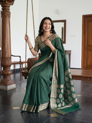 Cotton Silk Bottle Green Golden Paisley Floral Butta Pallu Saree