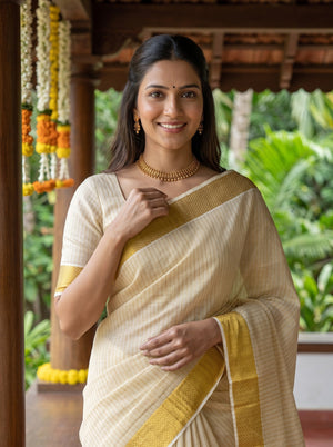 Tissue Cream Gold Pinstripe Onam Special Kerala Saree